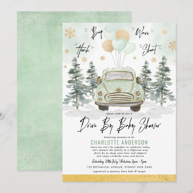Invitation Végétation hivernale Gold Drive By Baby shower Par (Devant / Derrière)