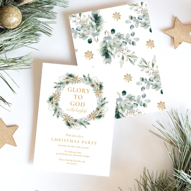 Invitation Végétation hivernale moderne Fête de Noël religieu (Elegant, Glory to God Bible verse religious Christmas party invitation for Christians)