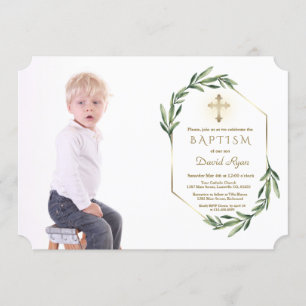 Invitation Végétation luxuriante Croix d'or Boy Photo Baptême