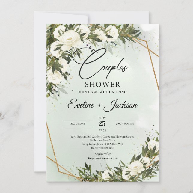 Invitation Végétation olive roses blanches or cadre couples (Devant)