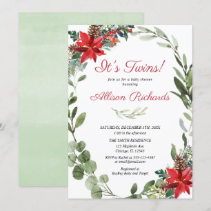 Invitation Végétation rouge baby shower à fleurs de Noël Twin
