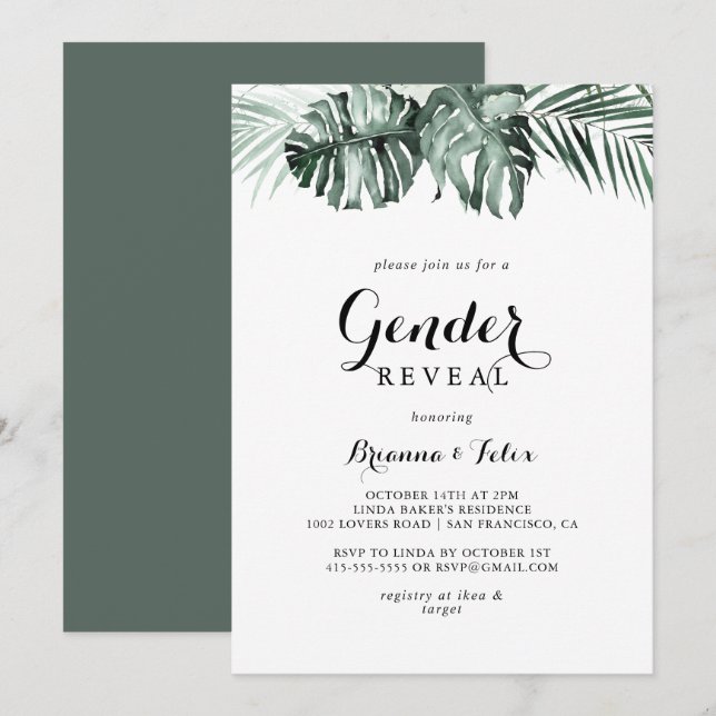 Invitation Végétation tropicale Blanc Floral Genre Reveal Par (Devant / Derrière)
