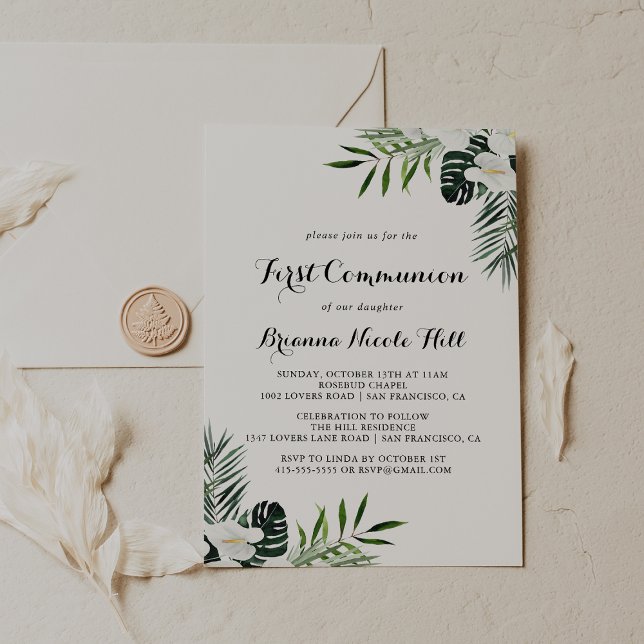 Invitation Végétation tropicale Première communion florale bl (Créateur téléchargé)