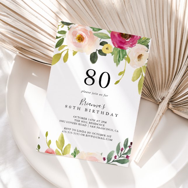 Invitation Végéty Rose Blush Floral 80e fête d'anniversaire (Créateur téléchargé)