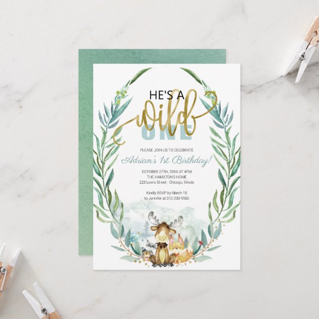 Invitation Végéty Woodland He's A Wild One First Birthday (Devant/Arrière en situation)