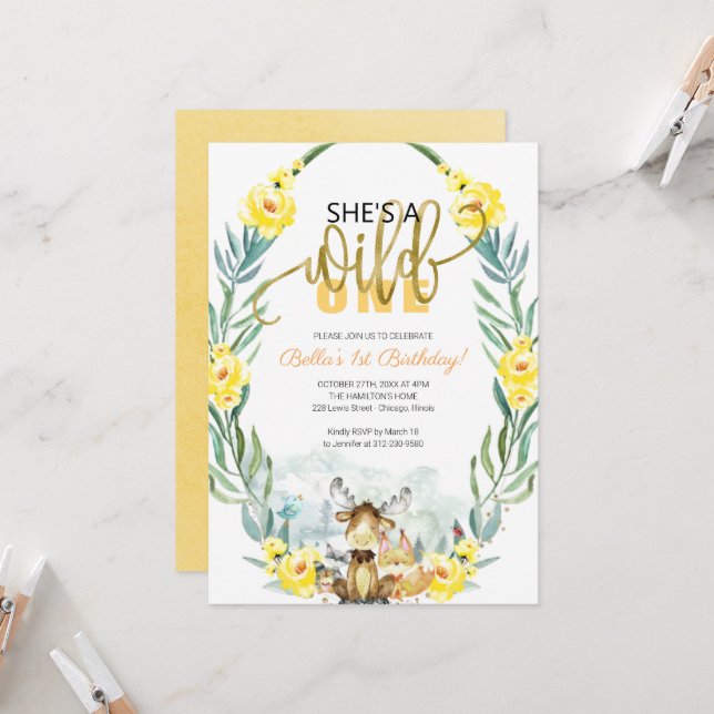 Invitation Végéty Woodland She's A Wild One First Birthday (Devant/Arrière en situation)