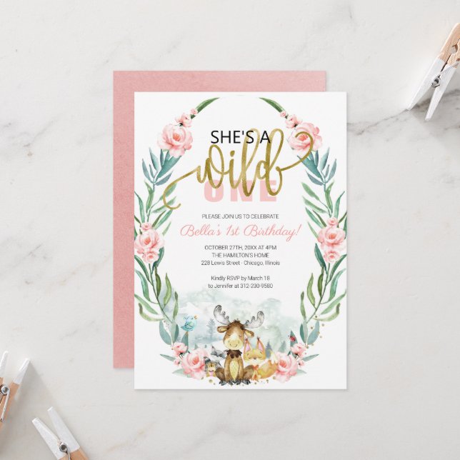 Invitation Végéty Woodland She's A Wild One First Birthday (Devant/Arrière en situation)