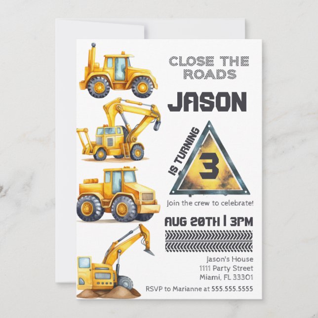 Invitation Véhicules de construction Boy Dump Camion Annivers (Devant)