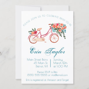 Invitation Vélo à aquarelle rose Fête des mariées florale