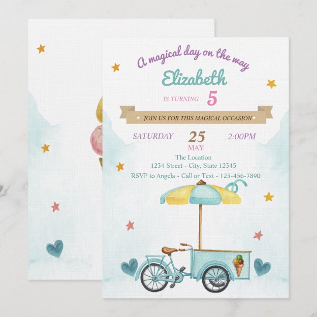 Invitation Vélo à glace, Cônes, Anniversaire (Devant / Derrière)