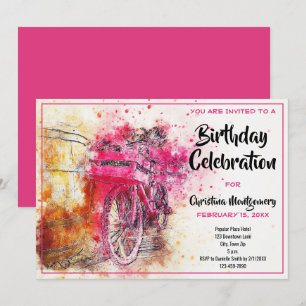 Invitation Vélo à l'aquarelle rose chic vintage pour un anniv
