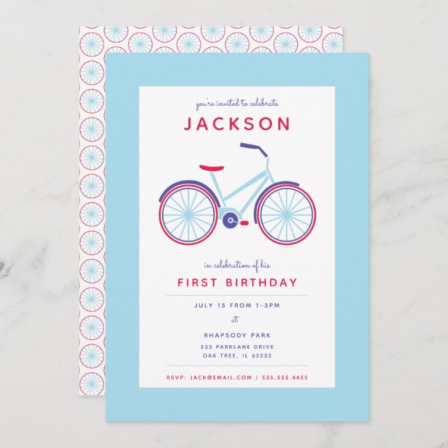 Invitation Vélo moderne Bleu et Rouge Anniversaire (Devant / Derrière)