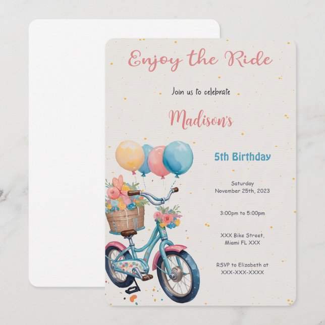 Invitation Vélo rose et bleu Anniversaire (Devant / Derrière)