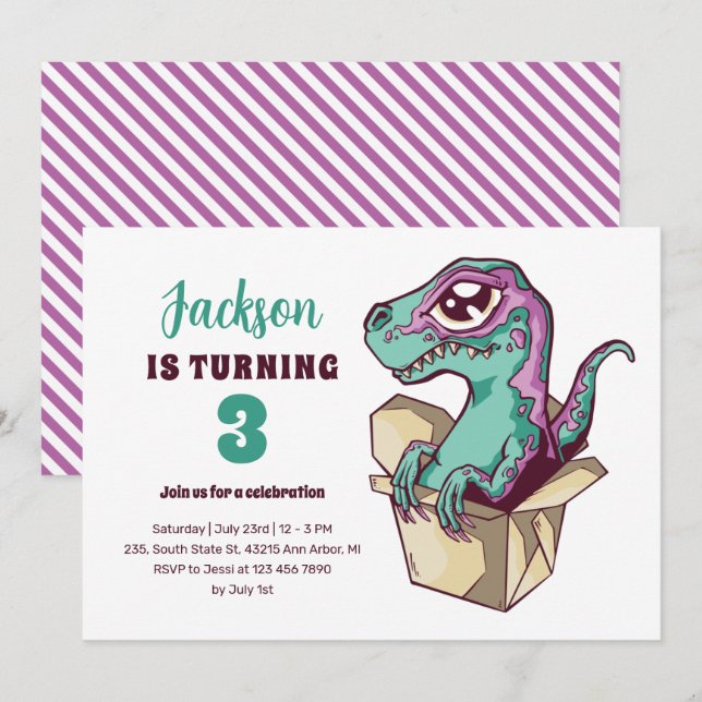 Invitation Velociraptor Cute Dans Boîte Enfants Dinosaur Anni (Devant / Derrière)