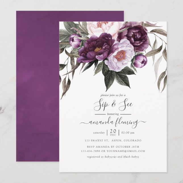 Invitation Velours profond Sip Floral Voir (Devant / Derrière)