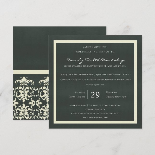 INVITATION VELVET BLANC BLACK DAMASK ÉVÉNEMENT CLASSIQUE D'AT (Devant / Derrière)