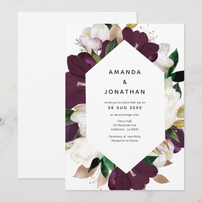 Invitation Velvet de Plum foncé et Mariage floral de printemp (Devant / Derrière)