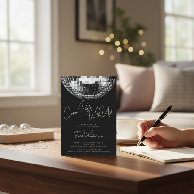 Invitation Venez fête noir moderne boule de disco anniversair (Créateur téléchargé)