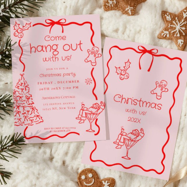 Invitation Venez passer la fête de Noël Whimsical Red Pink (Créateur téléchargé)