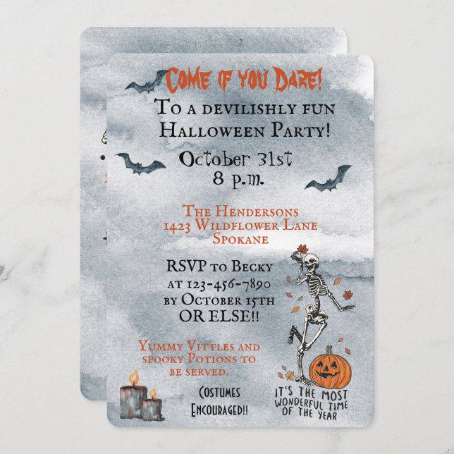 Invitation Venez Si Vous Osez Skeletons Fête D'Halloween (Devant / Derrière)