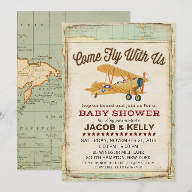 Invitation veneze de voyage d'avion de baby shower (Devant / Derrière)