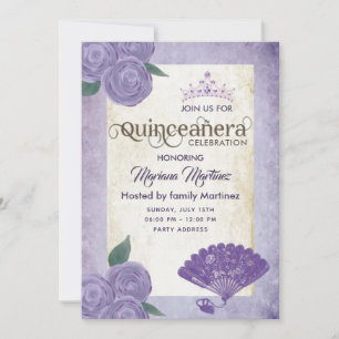 Invitation Ventilateur vintage chic violet roses tiara Quince
