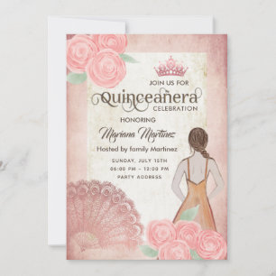 Invitation Ventilateur vintage rose vif roses tiara Quince In