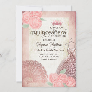 Invitation Ventilateur vintage rose vif roses tiara Quince In
