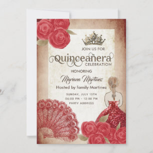 Invitation Ventilateur vintage roux à main rose tiara Quince 