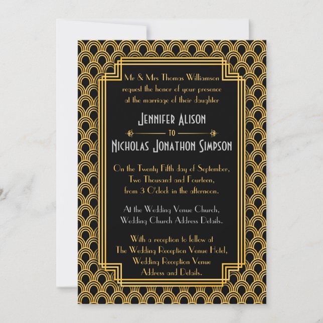 Invitation Ventilateurs Art déco Black Faux Gold Mariage Moti (Devant)