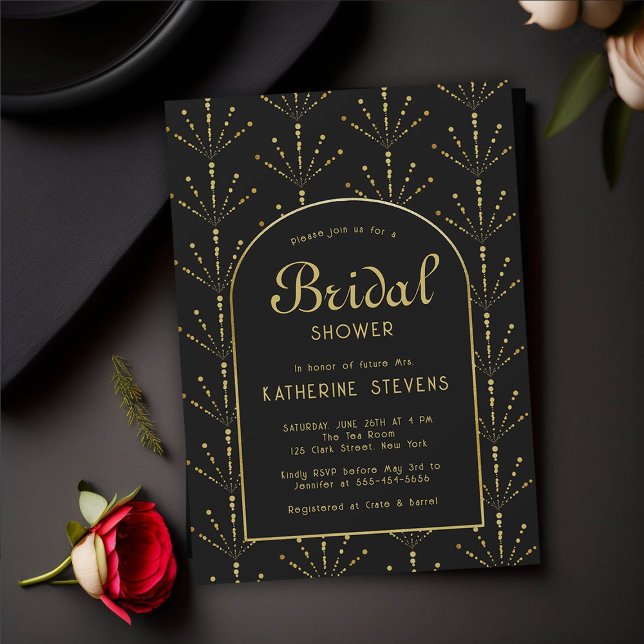 Invitation Ventilateurs de décoration Fête des mariées de cad (deco bridal shower invitation black gold fan flowers fireworks roaring 20s gatsby boho arch elegant )