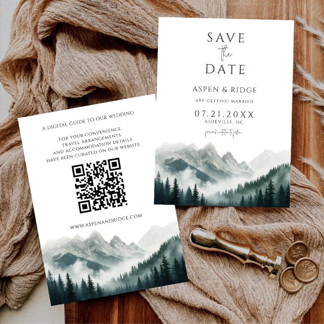 Invitation Verdant Peaks Misty Forest Save the Date QR Code (Créateur téléchargé)
