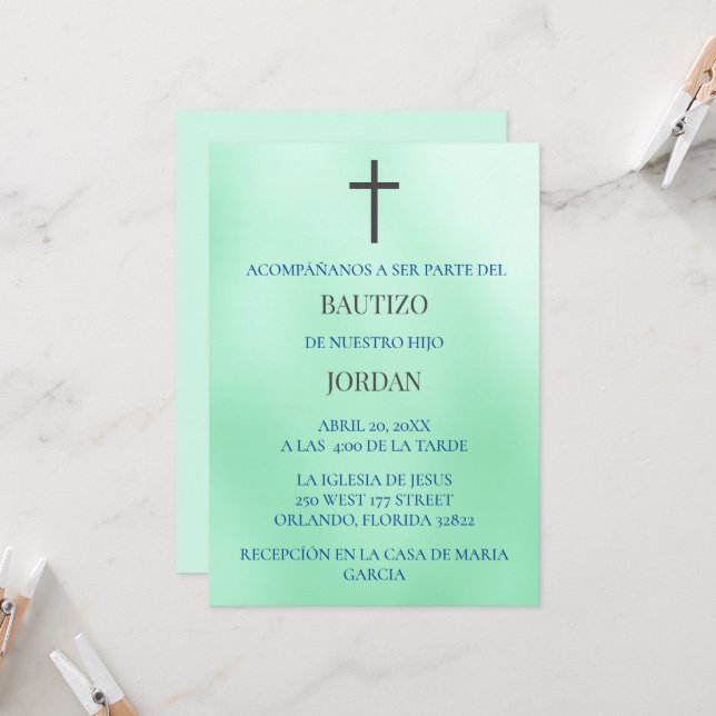 Invitation Verde Invitación de bautizo (Devant/Arrière en situation)