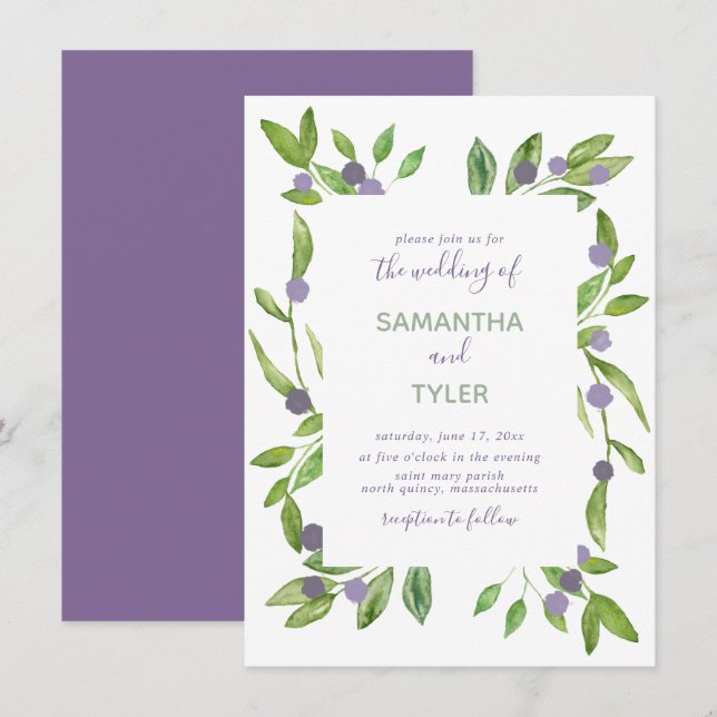 Invitation Verdure aquarelle avec Mariage d'accents violets (Devant / Derrière)
