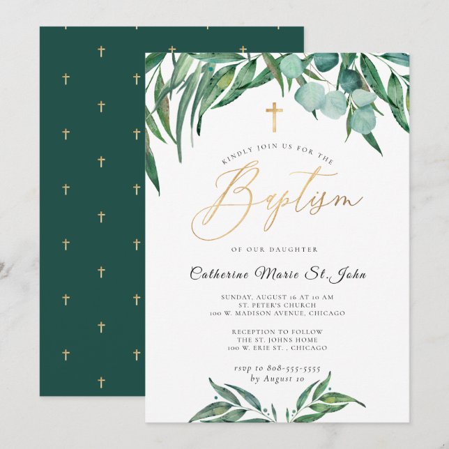 Invitation Verdure Baptême d'or de l'Eucalyptus Faux (Devant / Derrière)