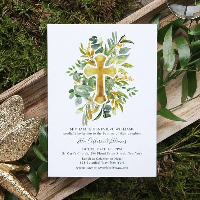 Invitation Verdure Botanique Florale Croix d'or Baptême (Créateur téléchargé)