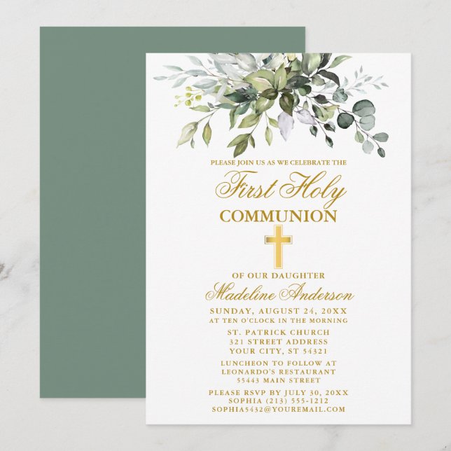 Invitation Verdure botanique Première communion d'or (Devant / Derrière)