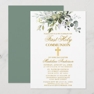 Invitation Verdure botanique Première communion d'or