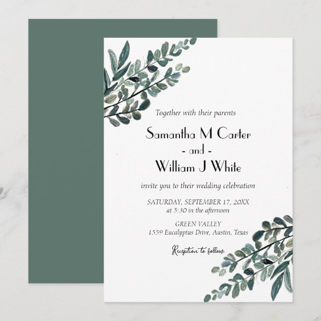 Invitation Verdure botanique rustique Eucalyptus (Devant / Derrière)