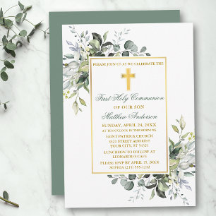 Invitation Verdure botanique Sainte Communion Sage Vert Or