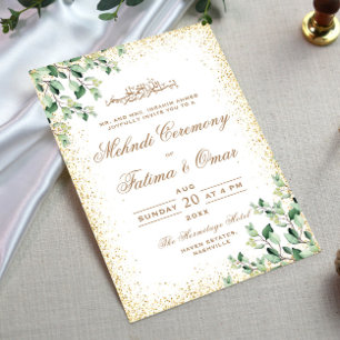 Invitation Verdure Cadre Or Feuille Cérémonie islamique Mehnd