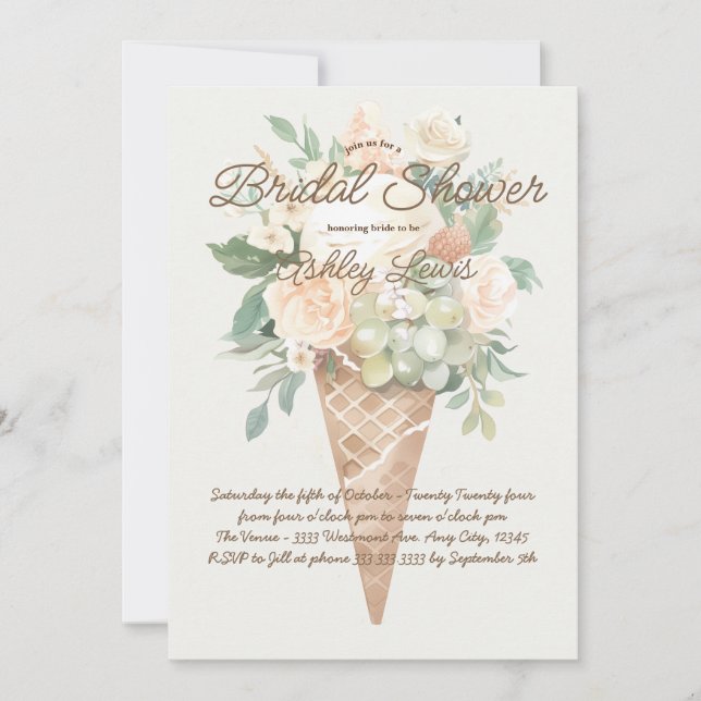 Invitation Verdure Crème glacée cône fleurie nuptiale douche (Devant)