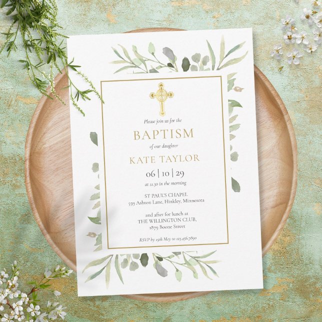 Invitation Verdure Croix d'or Baptême Christening (Créateur téléchargé)