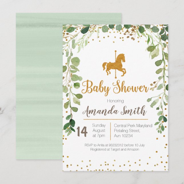 Invitation Verdure d'invitation de baby shower de carrousel (Devant / Derrière)