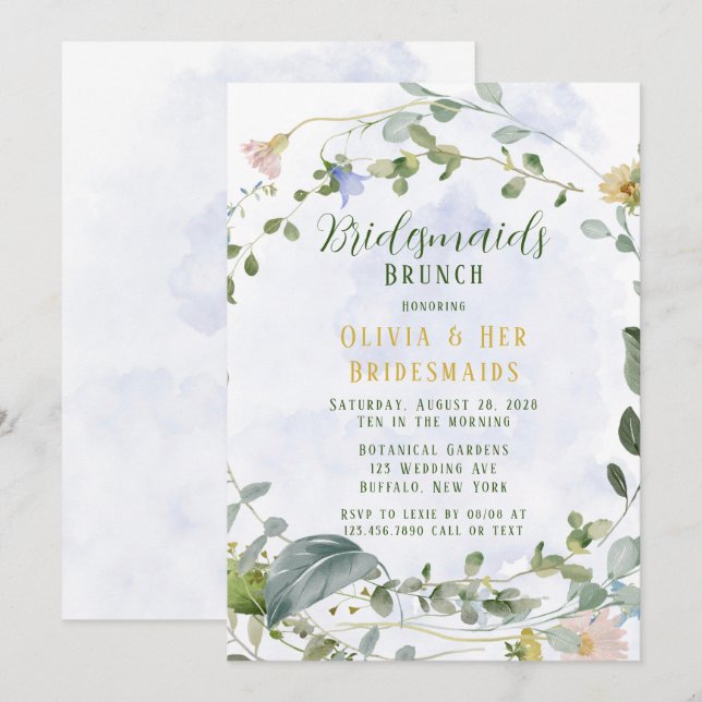 Invitation Verdure Dusty Blue Fleur sauvage Bridesmaids Brunc (Devant / Derrière)