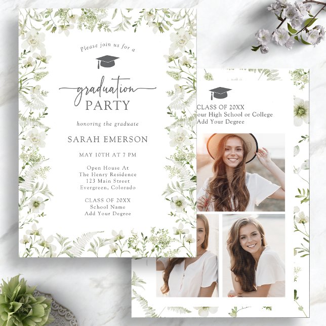 Invitation Verdure Élégante Graduation (Watercolor Greenery Elegant Graduation Invitation Photo Collage by Painted Paperie
)