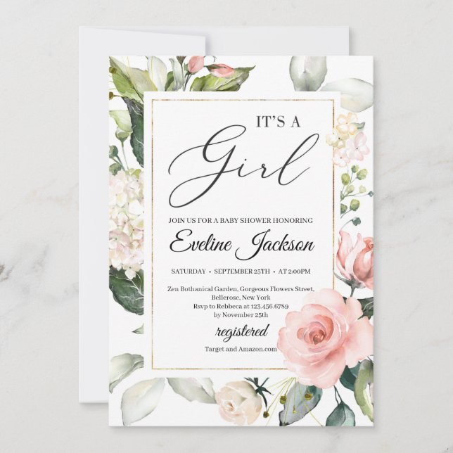 Invitation Verdure et cadre floral roux or c'est une fille (Devant)