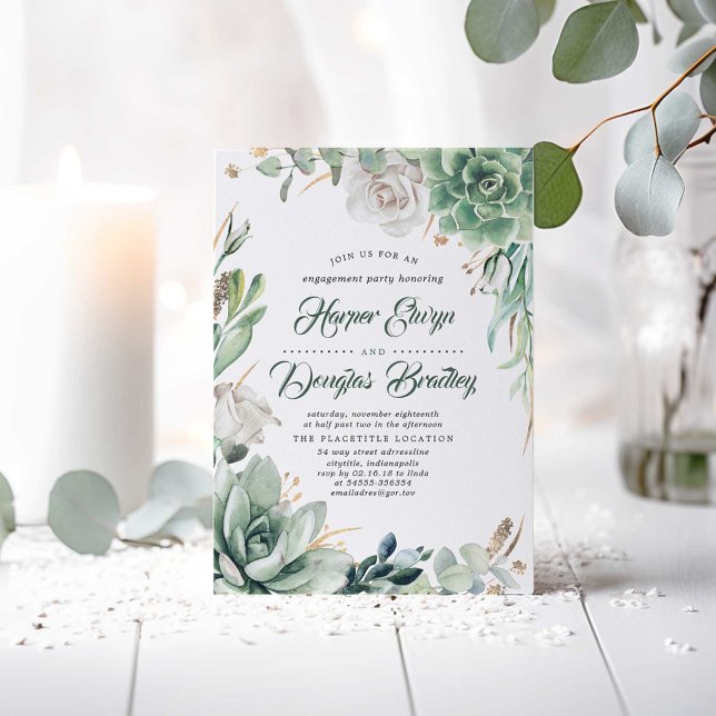 Invitation Verdure et or | Rustic Garden Engagement Party (Succulents and White Flowers Greenery Engagement Party Invitations)
