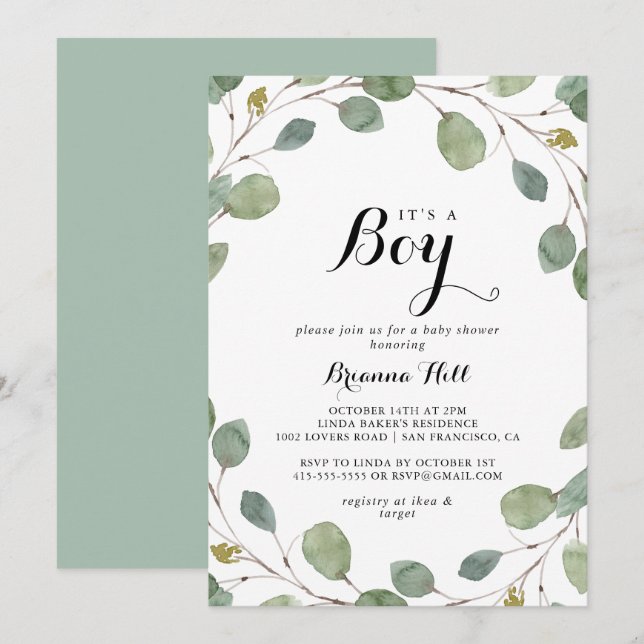 Invitation Verdure Eucalyptus Foliage C'est un Baby shower ga (Devant / Derrière)