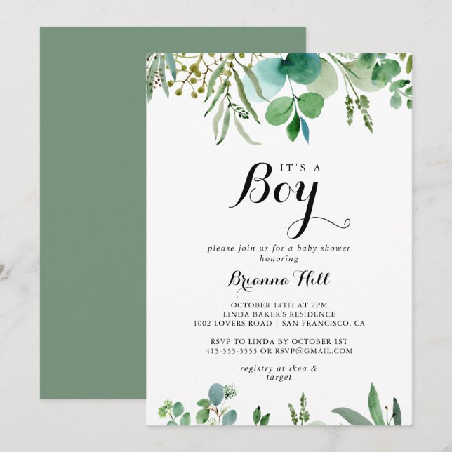 Invitation Verdure Eucalyptus Foliage C'est un Baby shower ga (Devant / Derrière)
